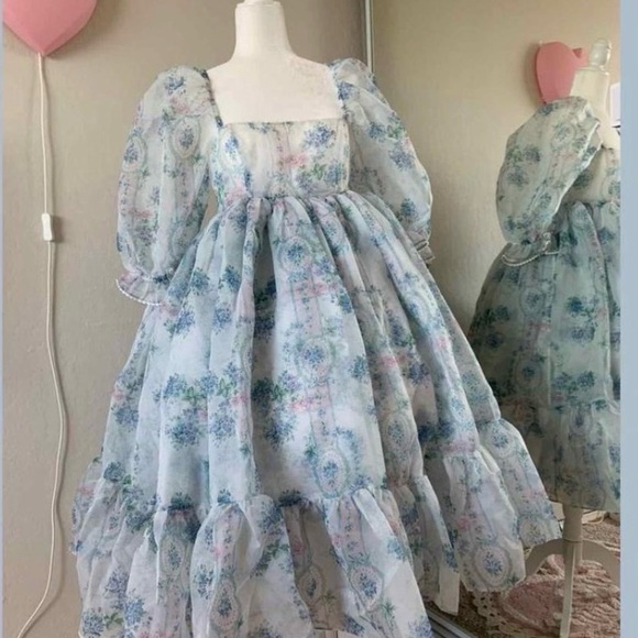 La Belle Etoile French Puff Selkie Blue and Pink Floral Midi Dress - Picture 9 of 9